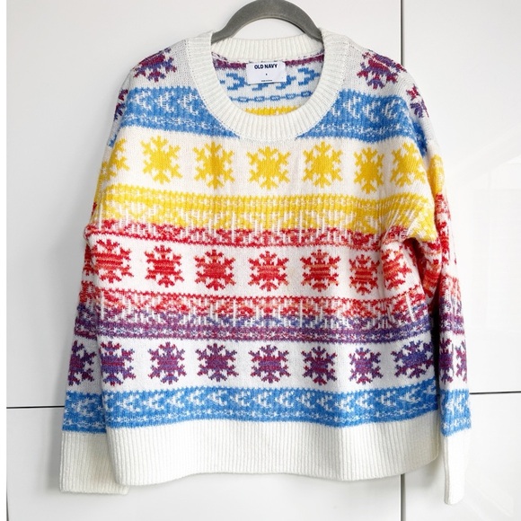 Old Navy Rainbow Fair Aisle Sweater Snowflake Size Small Blue Red Purple Yellow - Picture 1 of 5